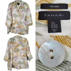 Tahari Shirt 100% Linen 3/4 Sleeve Popover Top Plus Women’s 2X Tropical Print